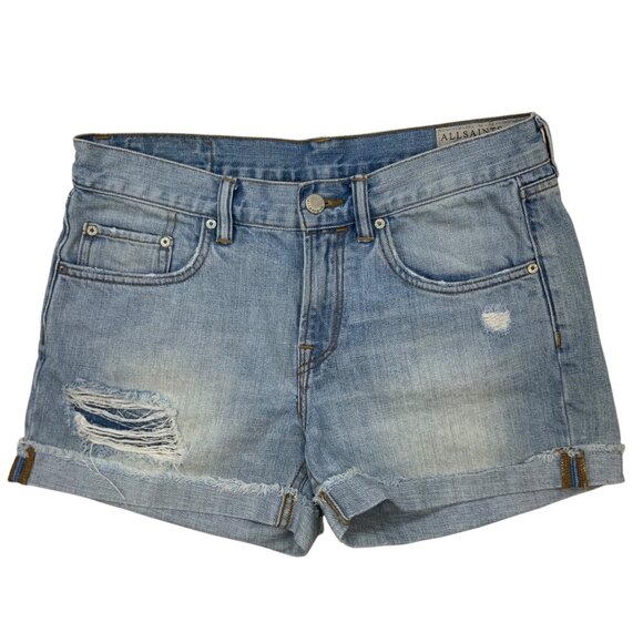 AllSaints Womens Boy Fit Jean Short 27 Indigo Patch Distressed Zip Fly Cuffed - Picture 1 of 12